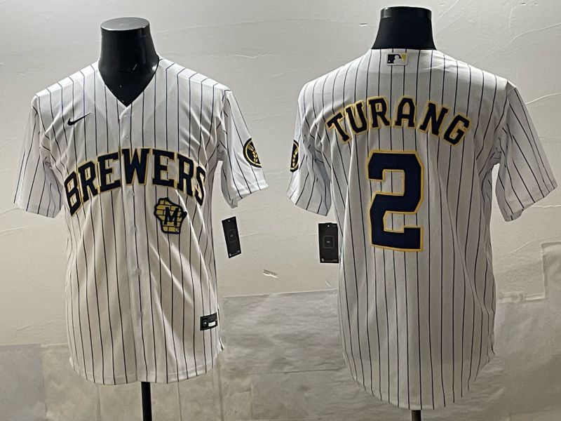 Men 2025 Milwaukee Brewers #2 Turang White Stripe 2025 Nike MLB Jersey 018